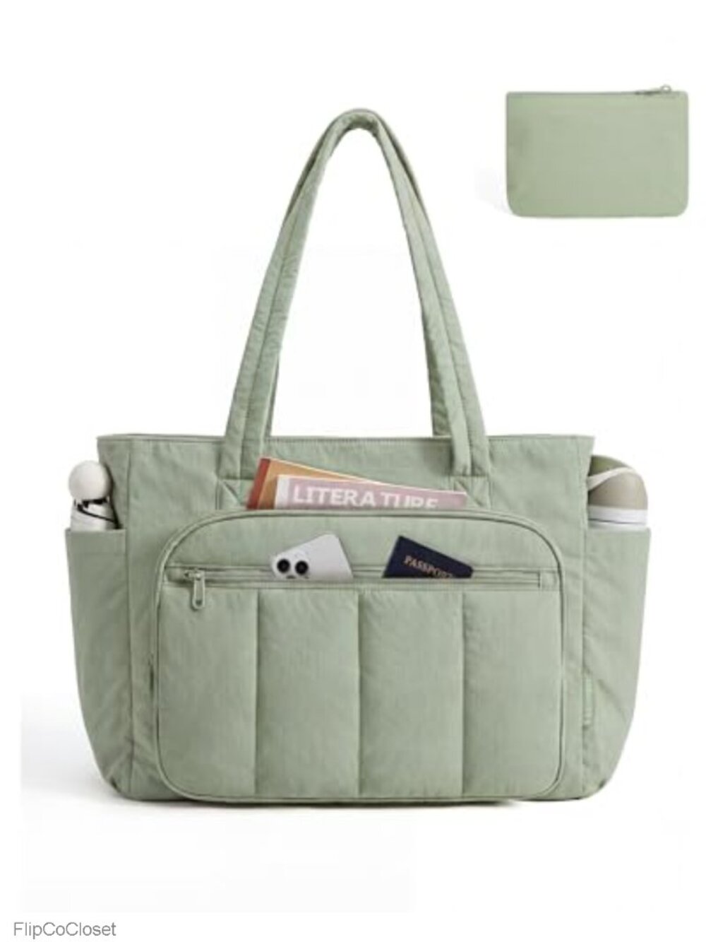 Quilted Nylon Tote Bag with Cosmetic Pouch, 20L, Zipper